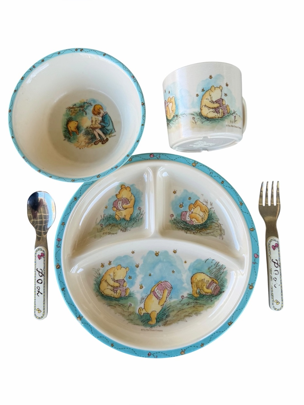 Vintage Winnie The Pooh 5-Piece Melamine Dish Set Divided Plate Bowl Cup Taiwan